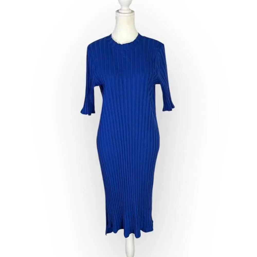 Eileen Fisher High-Low Dress Women's Large Blue Wide Rib Stretch Mock Neck